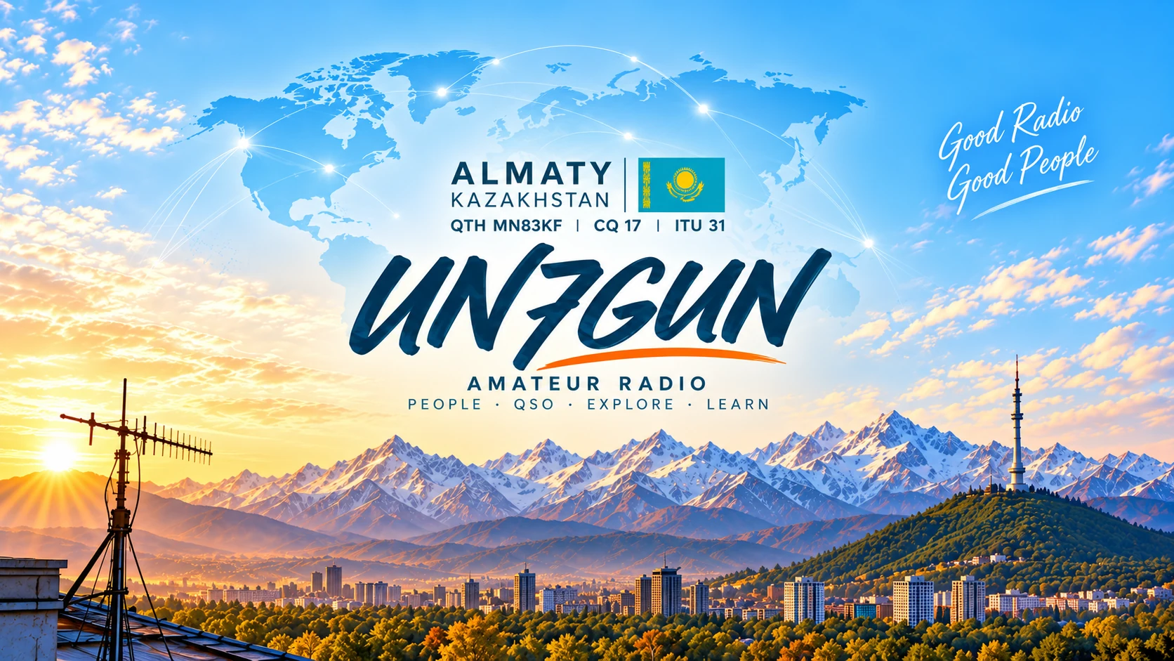 QSL-карточка UN7GUN: Алматы, Казахстан, горы, радиоантенна и позывной. Локатор MN83KF, CQ 17, ITU 31.